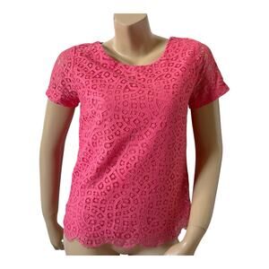 J. Crew Women's 0 Coral Pink Lace Short Sleeve Lined Top Blouse Scalloped Hem